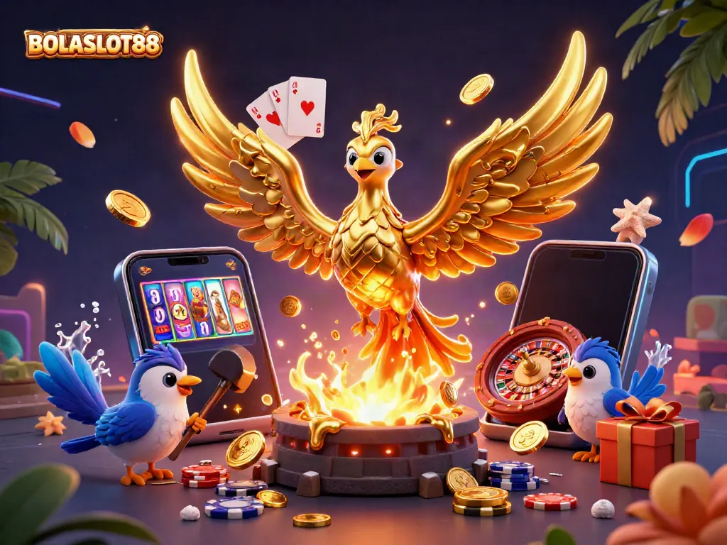 BOLASLOT88 features an ultra-detailed scene with a golden phoenix, smartphones showing slots, and energetic casino elements.