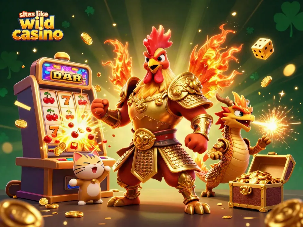 Experience excitement with sites like Wild Casino, showcasing a dynamic scene of a rooster warrior and dragon amidst casino elements.