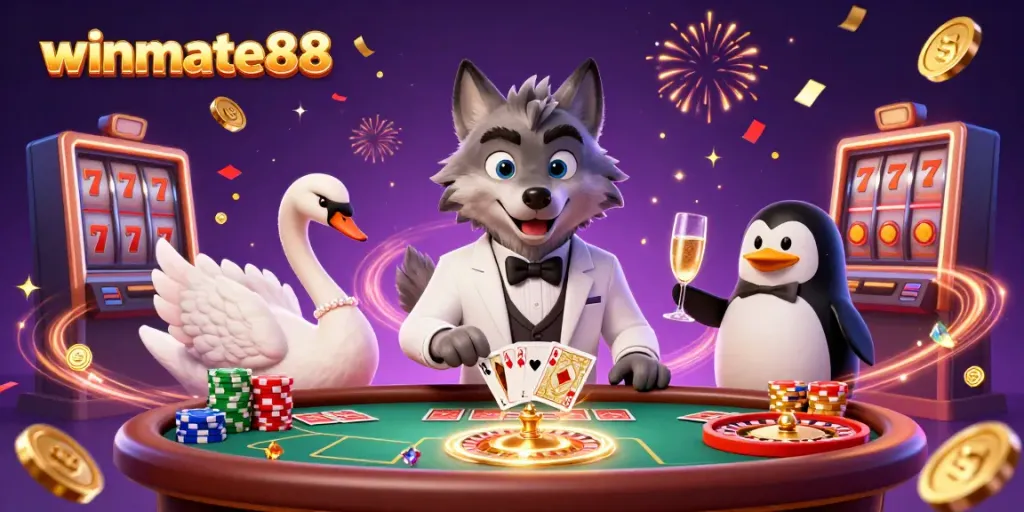 Experience the thrill of winmate88 with a vibrant casino scene featuring dynamic characters and game elements.