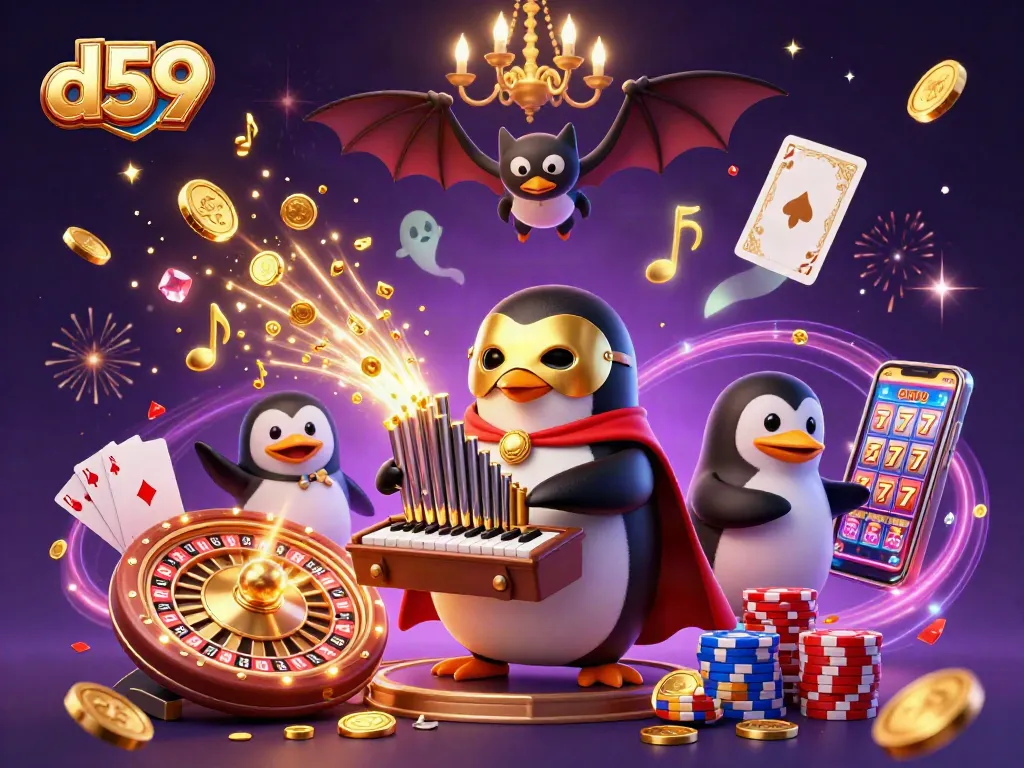Experience the excitement of d59 with a lively illustration showcasing vibrant casino elements.