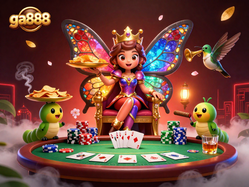 Play poker with ga888 champions in a vibrant 3D casino scene full of excitement and color.