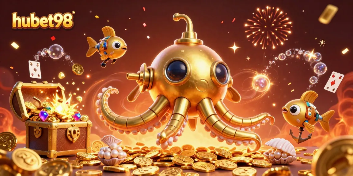 Engage in the thrilling world of gaming at hubet98, featuring a dynamic underwater scene of a golden kraken submarine.