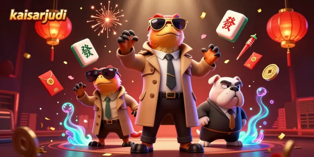 Kaisarjudi raptors humorously attempting to enter a VIP casino, with themed decorations.