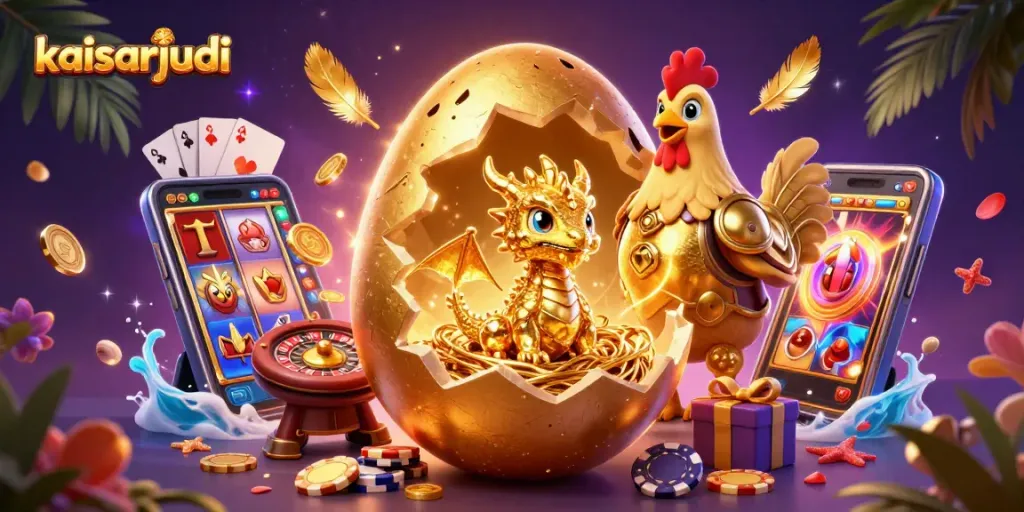 Kaisarjudi presents a vibrant scene of a golden dragon emerging from a casino-themed egg, showcasing poker chips and slot elements.