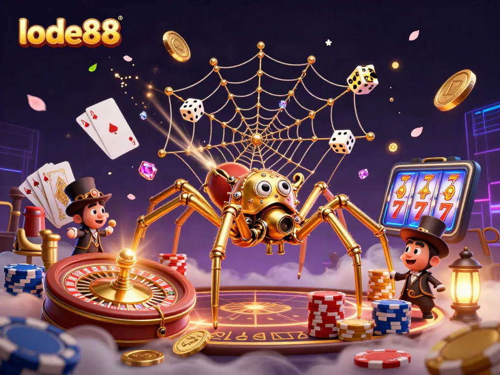 Engage with lode88's vibrant casino universe featuring immersive 3D illustration of steampunk spider.
