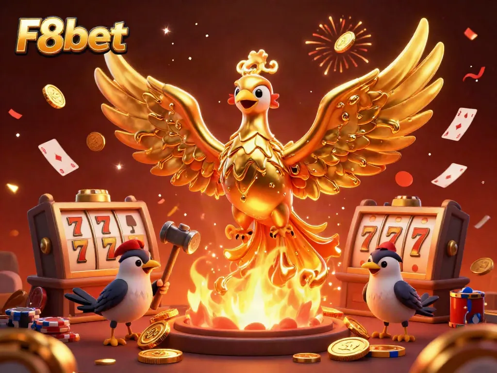 Experience the thrilling world of F8bet with a molten golden phoenix and vibrant casino elements in a magical scene.