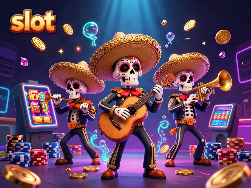 Spin the slot reels with festive skeletons playing music amidst a celebration of colors and casino riches.