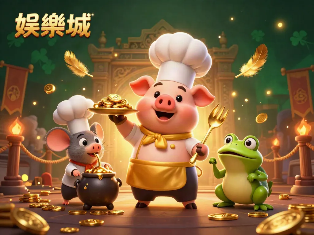 在娱乐场中，厨师猪端出金币美食，令人垂涎的画面，展现出赌场的奢华与刺激。