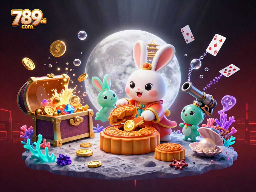 Experience the thrill of 789win com with a vibrant moon rabbit scene featuring poker chips and bioluminescent elements.