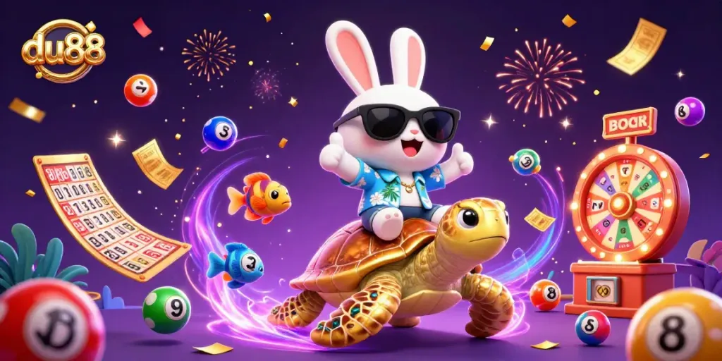 Experience the excitement of du88 lottery as our lucky rabbit rides a golden turtle surrounded by vibrant game elements.