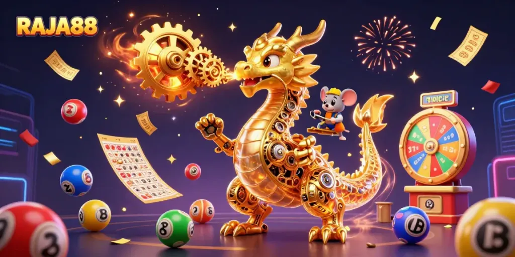 RAJA88 hadir dengan visual menarik dari bola lotere, kartu bingo, dan efek hujan uang dalam permainan kasino.