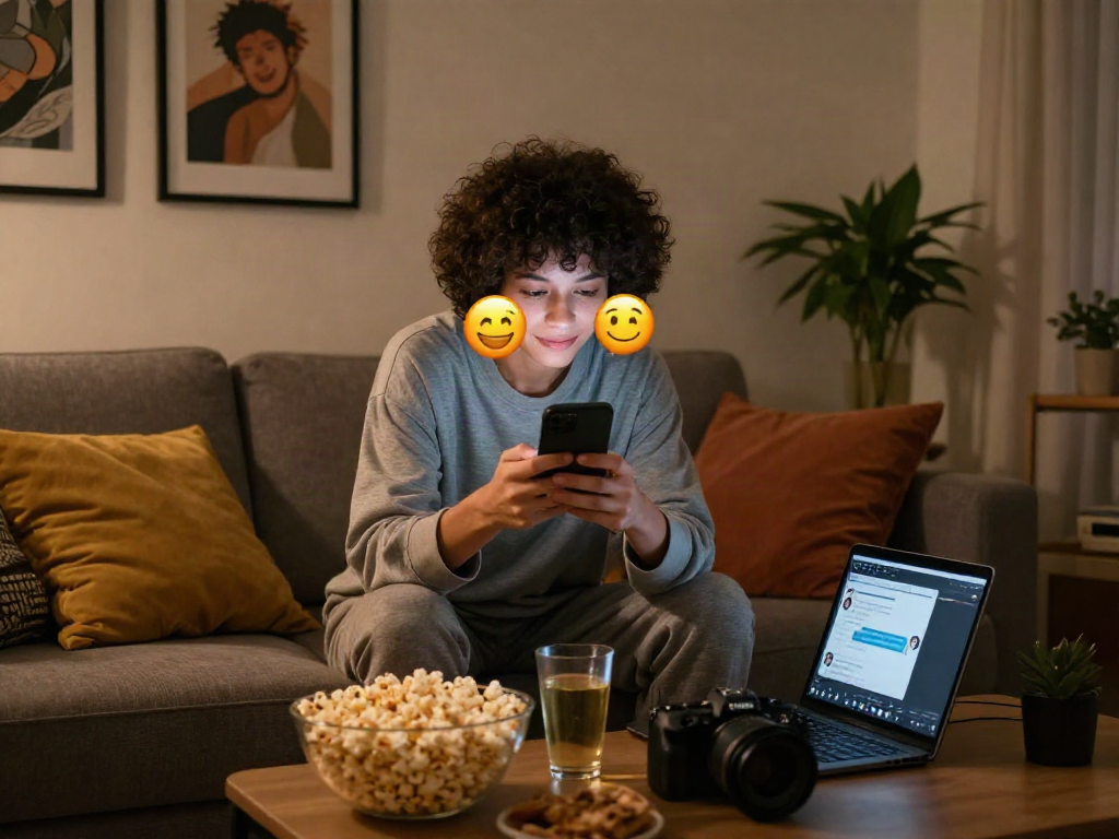 Engaging sexting AI conversation scene in cozy modern apartment.