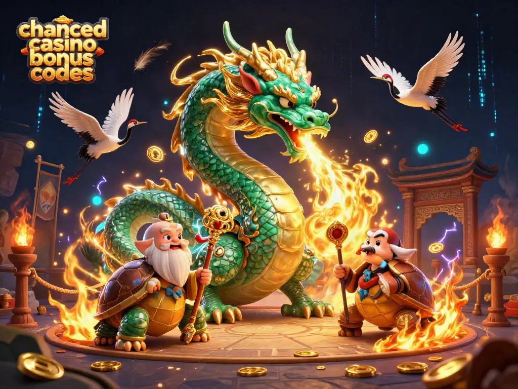 Engage with chanced casino bonus codes in a vibrant 3D scene featuring a dragon, sage, and lucky cranes.