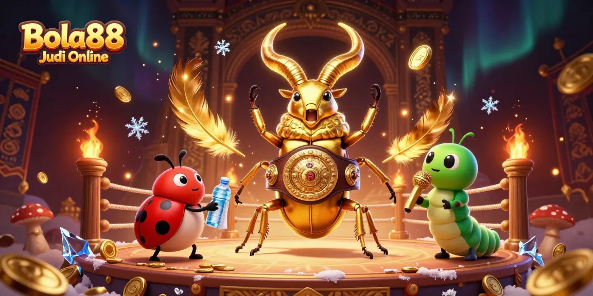Bola88 Judi Online showcases a vibrant 3D scene with a golden stag beetle and ladybug in a dynamic casino environment.