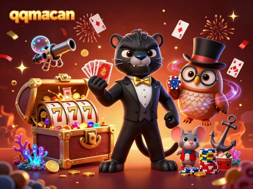 qqmacan showcases a stylized cartoon panther dealing cards among vibrant casino elements in a festive atmosphere.