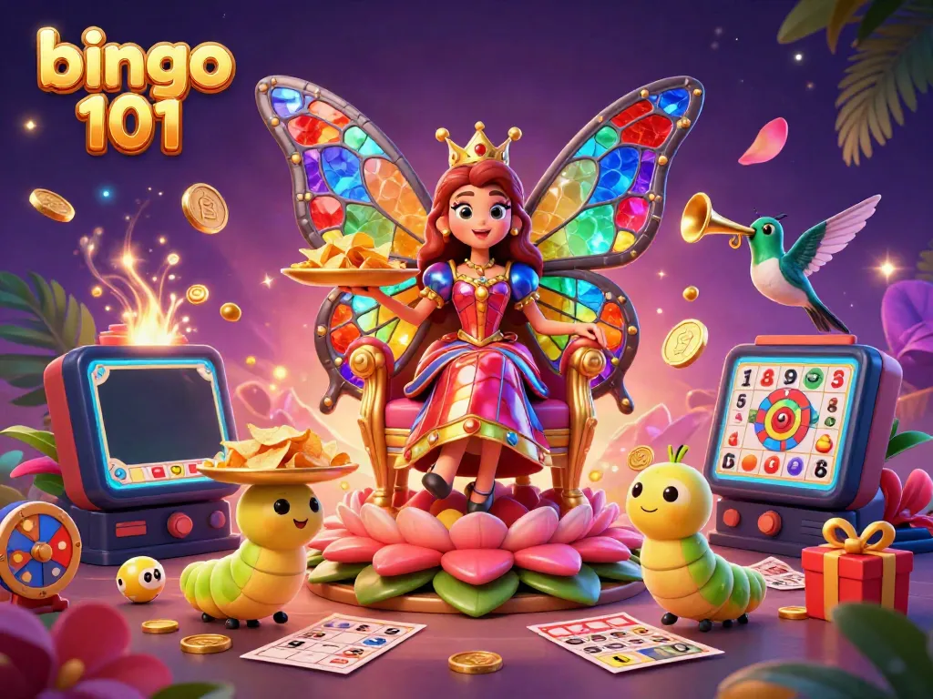 Menangkan permainan bingo 101 dengan ratu kupu-kupu dan chip emas dalam pemandangan yang semarak.