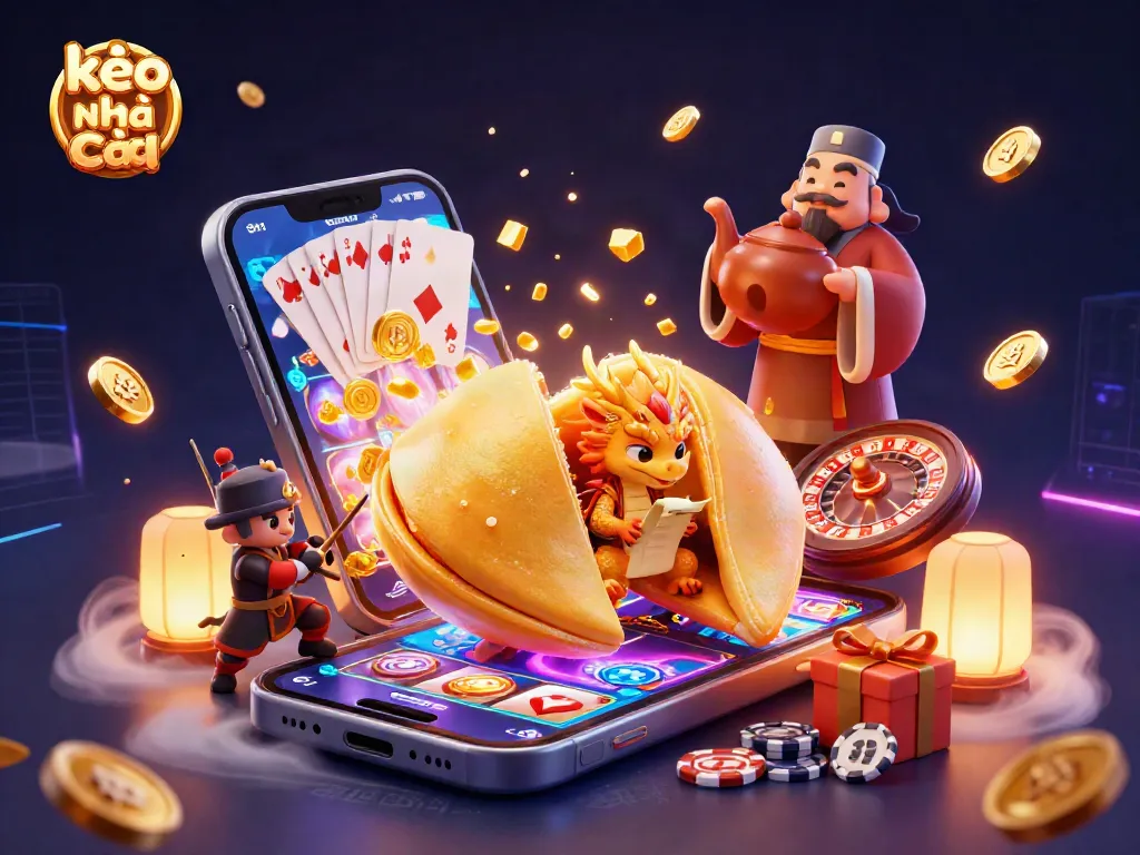 Engage with kèo nhà cái through a dynamic casino scene featuring golden fortune cookie and colorful gaming elements.