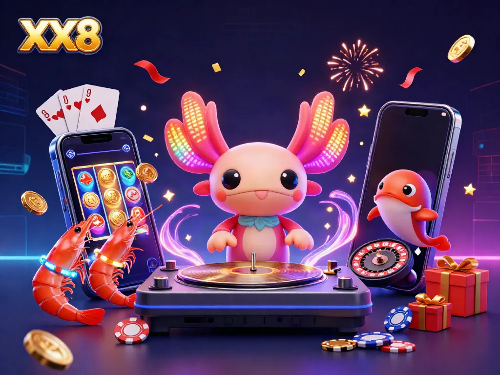 Spin to win with XX8 in an energetic 3D casino scene showcasing vibrant gaming elements.