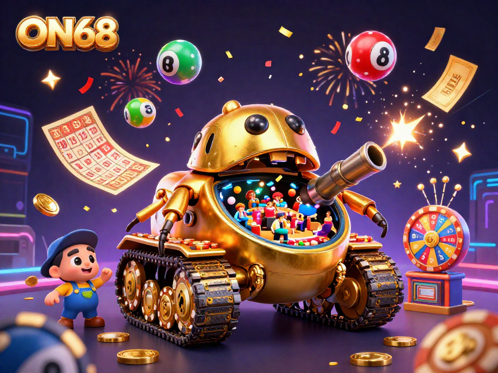 Engage in thrilling gambling experiences at ON68 with colorful lottery balls and festive casino elements.