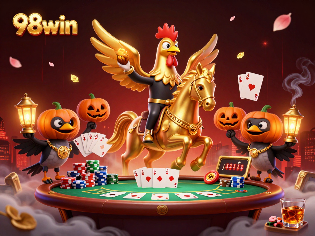 Experience thrilling 98win gameplay with a golden rooster in a lively casino setting.