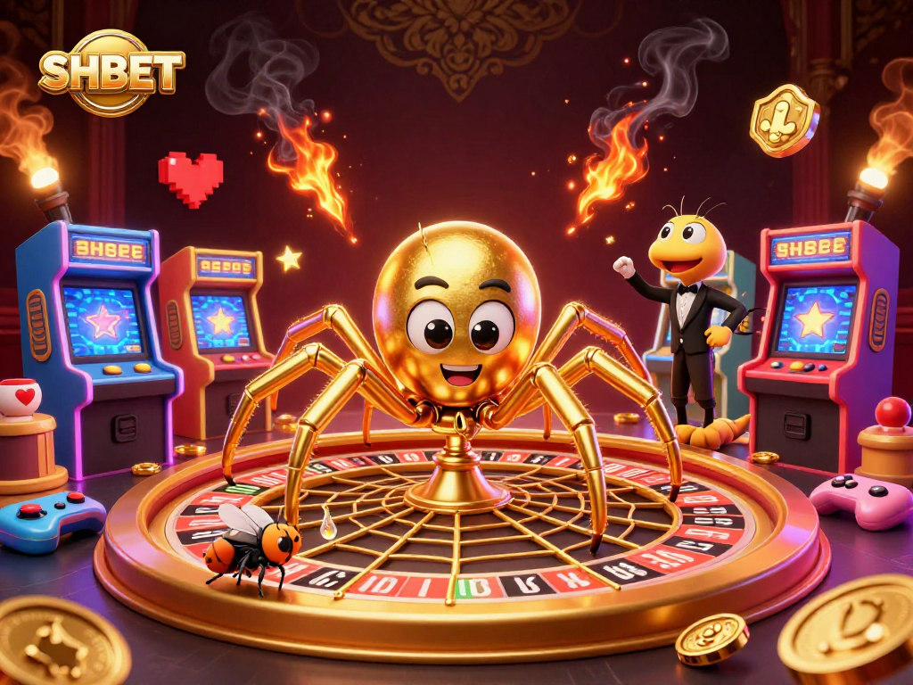 Experience thrilling betting with SHBET in this rich 3D casino illustration featuring animated game elements.
