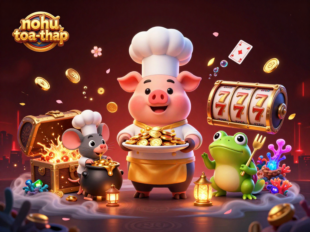 Experience the thrill of nohu-toa-thap as the cartoon pig chef serves gold coins in a dynamic gambling scene.