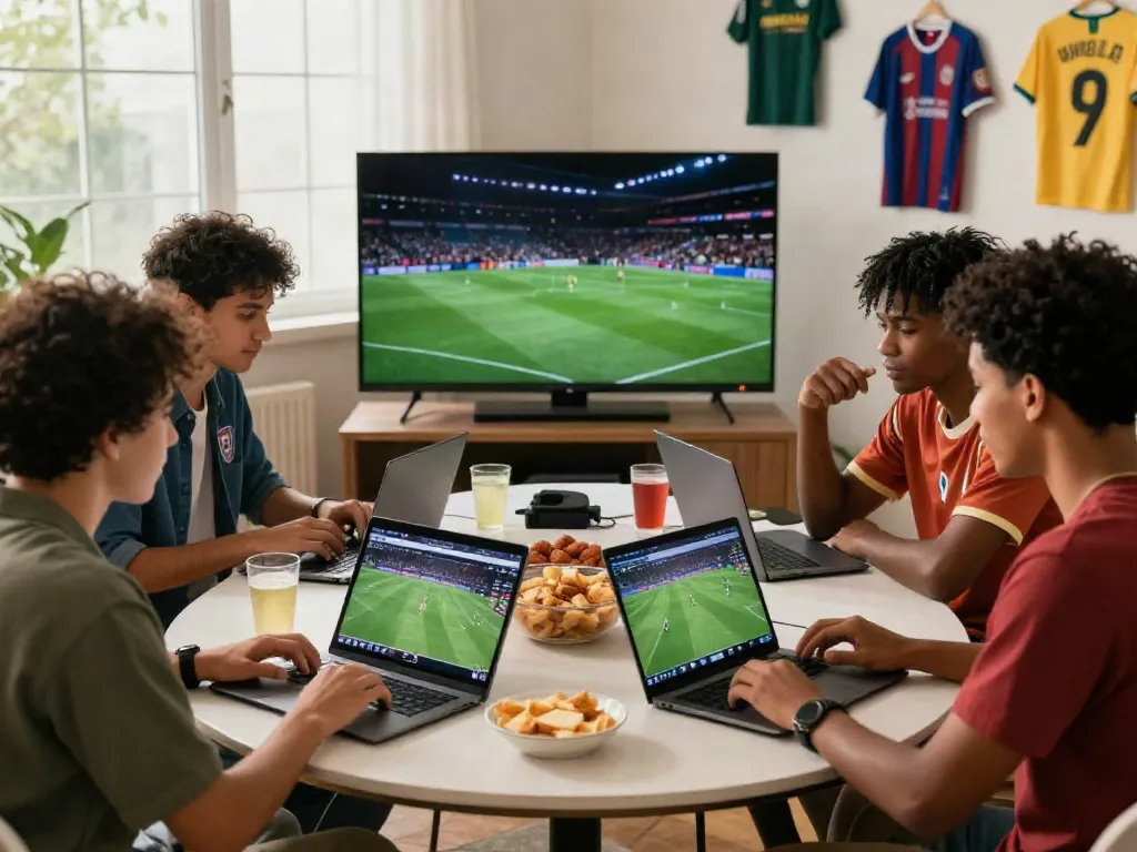 Friends analyzing match stats and enjoying sports betting with WWBOLA at home.