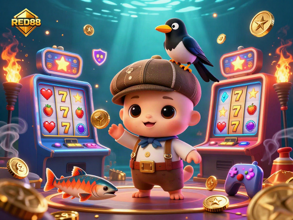 Experience the thrill of RED88 casino gaming with playful Nessie and gold treasures in a vibrant 3D scene.