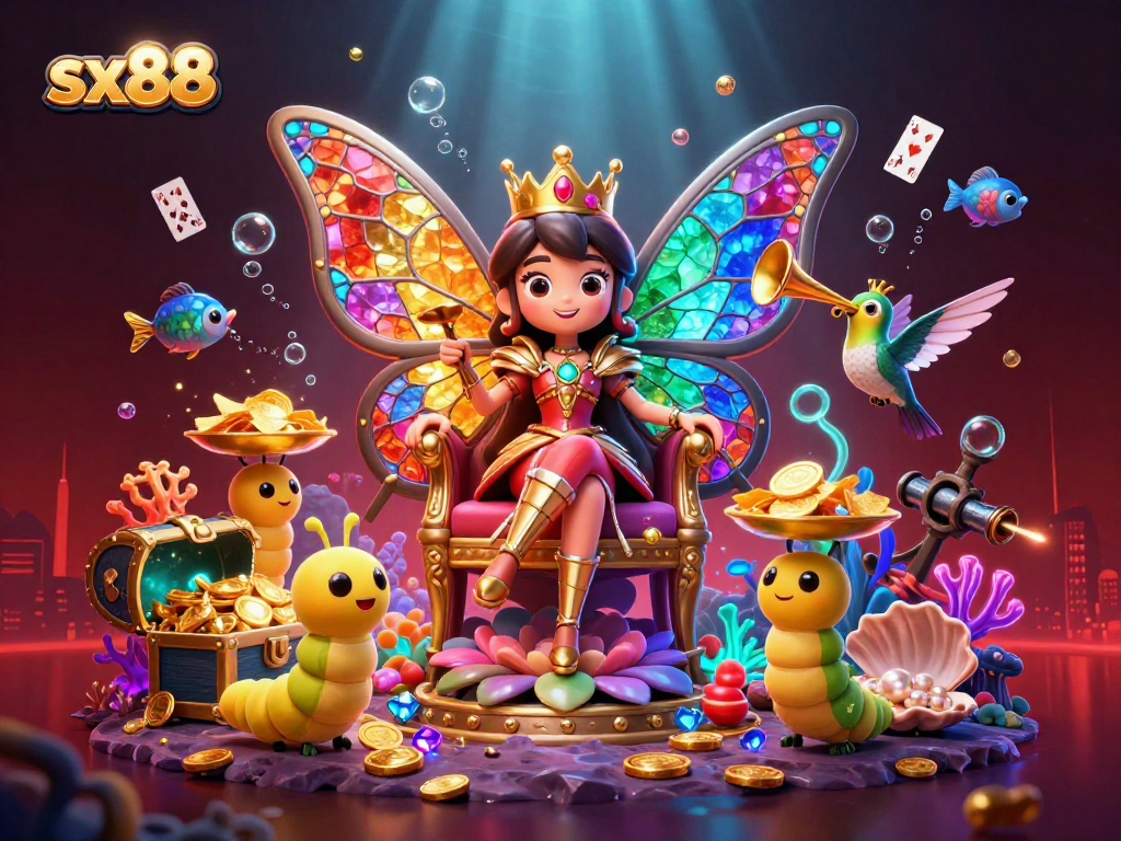 SX88 features a vibrant butterfly queen amid underwater treasures, celebrating online gaming excitement.