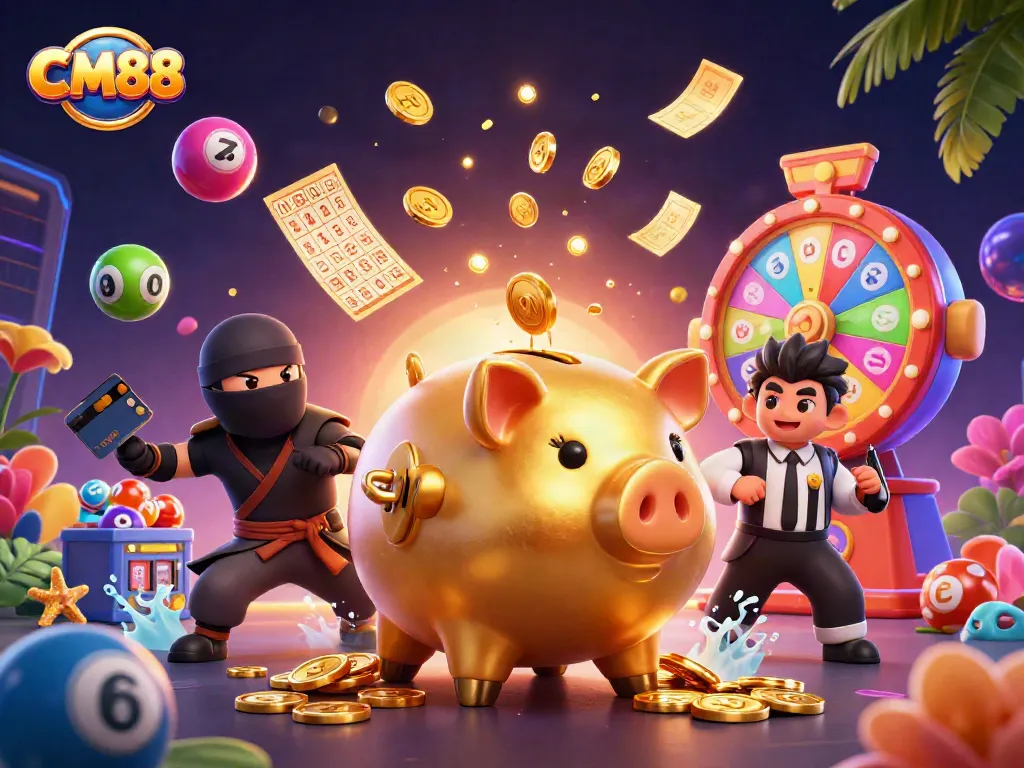 Win big with CM88; a golden piggy bank and ninja in a vibrant casino scene.