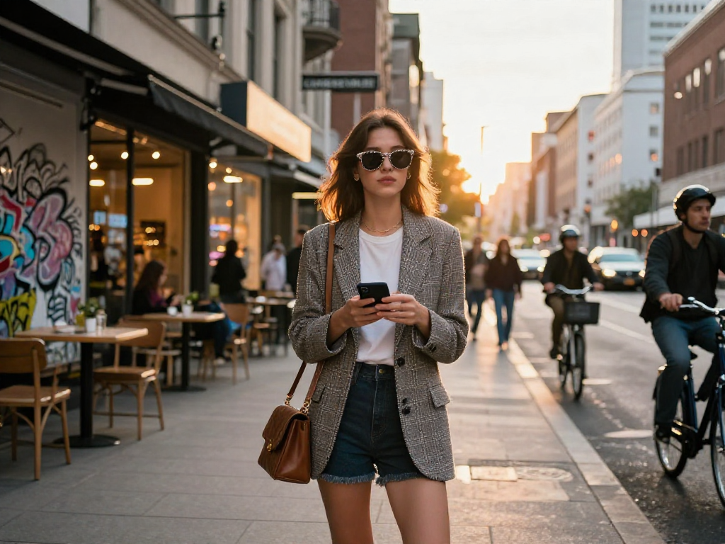 Gái gọi thể hiện phong cách thời trang hiện đại giữa phố đông đúc.