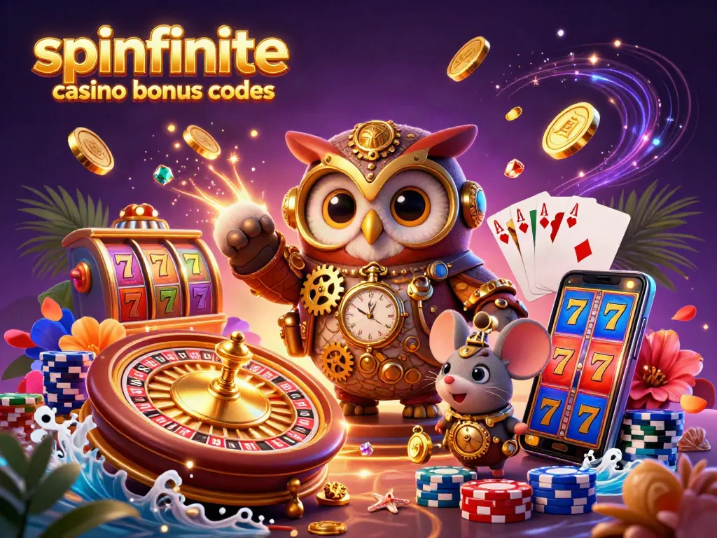 Play and win with Spinfinite Casino bonus codes, featuring vibrant 3D characters and dynamic casino elements.
