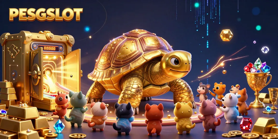 PESGSLOT game scene featuring a golden tortoise pinball machine, gems, and treasures in a magical casino setting.