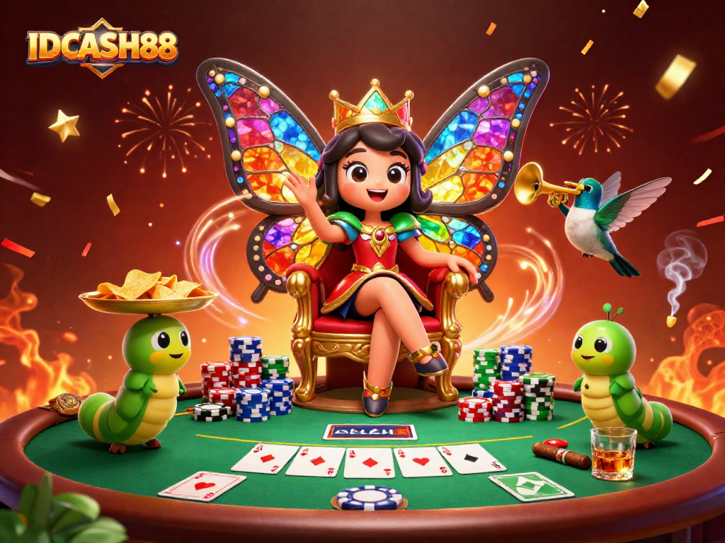 Experience big wins at IDCASH88 with a vibrant illustration of a casino queen and dynamic game elements