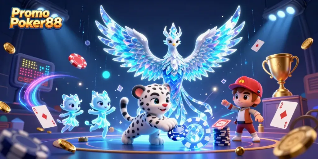 Engage with Promo Poker88 through an exciting 3D illustration featuring vibrant characters and dynamic poker elements.