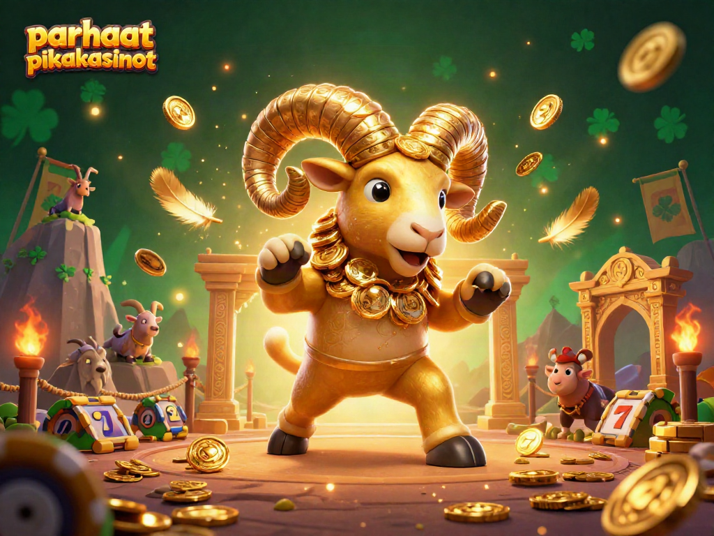 Experience thrilling action with parhaat pikakasinot featuring a golden ram charging through a vibrant casino scene.