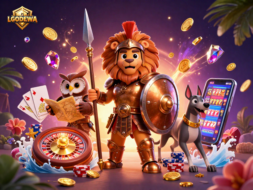 Spin into action with LGODEWA's vibrant 3D casino adventure illustrated with dynamic characters and rich elements.