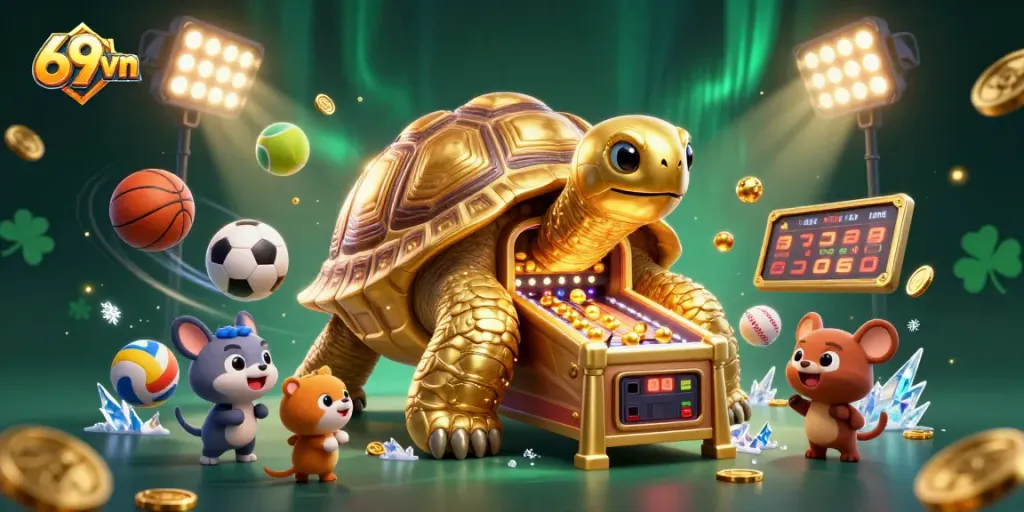 Engage in thrilling gameplay at 69vn with a dynamic illustration featuring a colossal golden tortoise and vibrant sports elements.