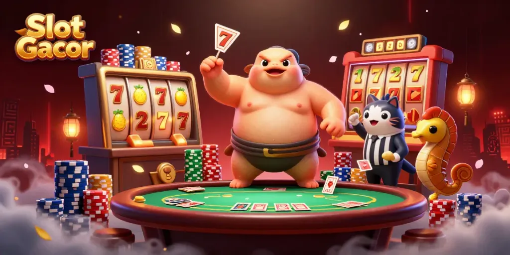 Engage with Slot Gacor in a vibrant underwater casino featuring a fugu, catfish referee, and celebratory seahorses.