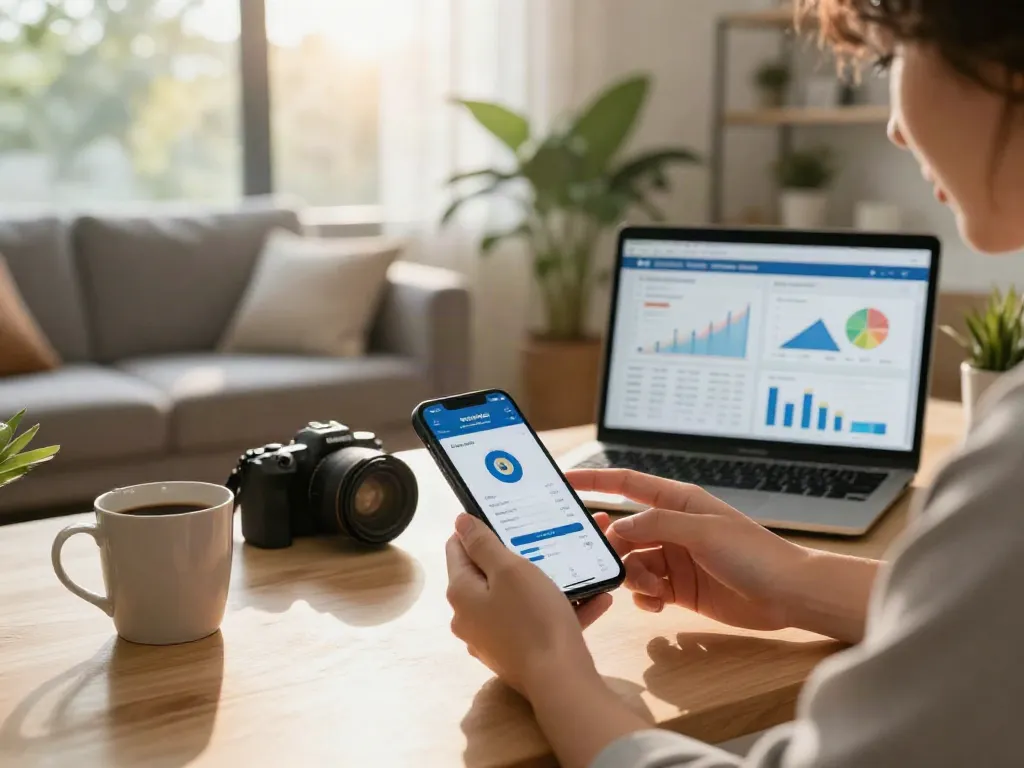 Pengguna javaslot dengan aplikasi perbankan di smartphone di ruang tamu yang nyaman.