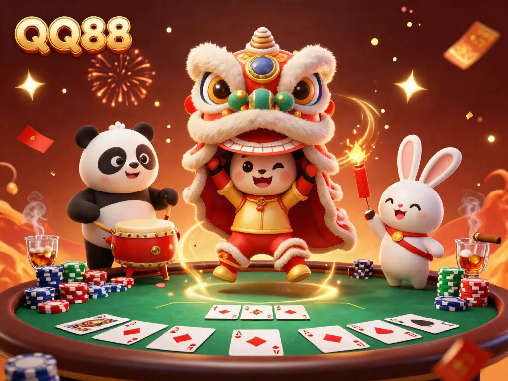 Experience the thrill at QQ88 with vibrant celebration elements, including lion dance and poker action.