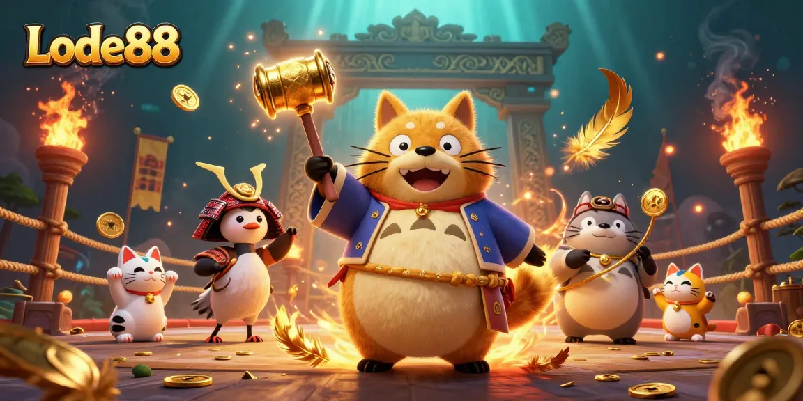 Lode88's cheerful tanuki in a vibrant 3D casino scene interacting with lucky symbols and gold