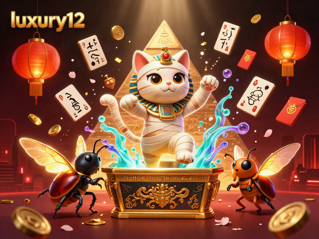 Experience luxury12 gaming with a vibrant Egyptian scene featuring a mummy cat and glowing elements.