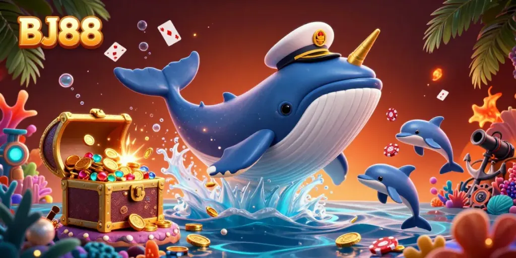 BJ88 showcases thrilling underwater casino action with cheerful dolphins and a golden-horned narwhal.