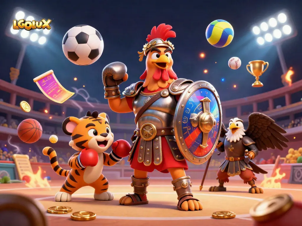 LGOLUX showcases a powerful 3D illustration of a gladiator rooster and tiger cub in an engaging casino atmosphere.