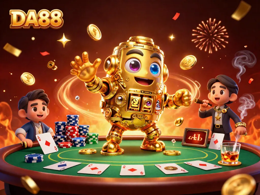 Spin the reels with DA88's vibrant casino scene featuring gold golem and poker elements.