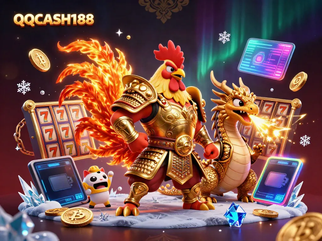 Experience the excitement of QQCASH188 with a vibrant 3D gaming scene showcasing thrilling slot reels and charismatic characters.