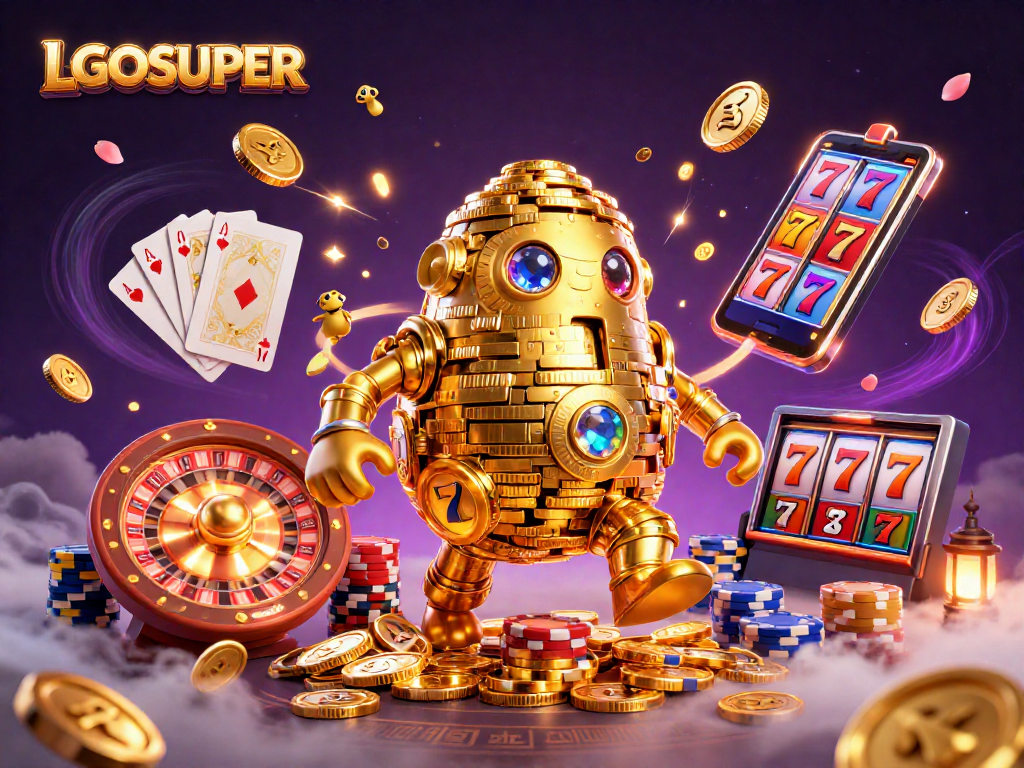 Experience gaming excitement with the LGOSUPER platform's vibrant casino scene filled with golden golems and slot machines.