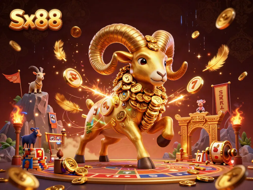 Experience dynamic gaming action with Sx88's immersive slot scene featuring a golden ram amidst vibrant casino elements.
