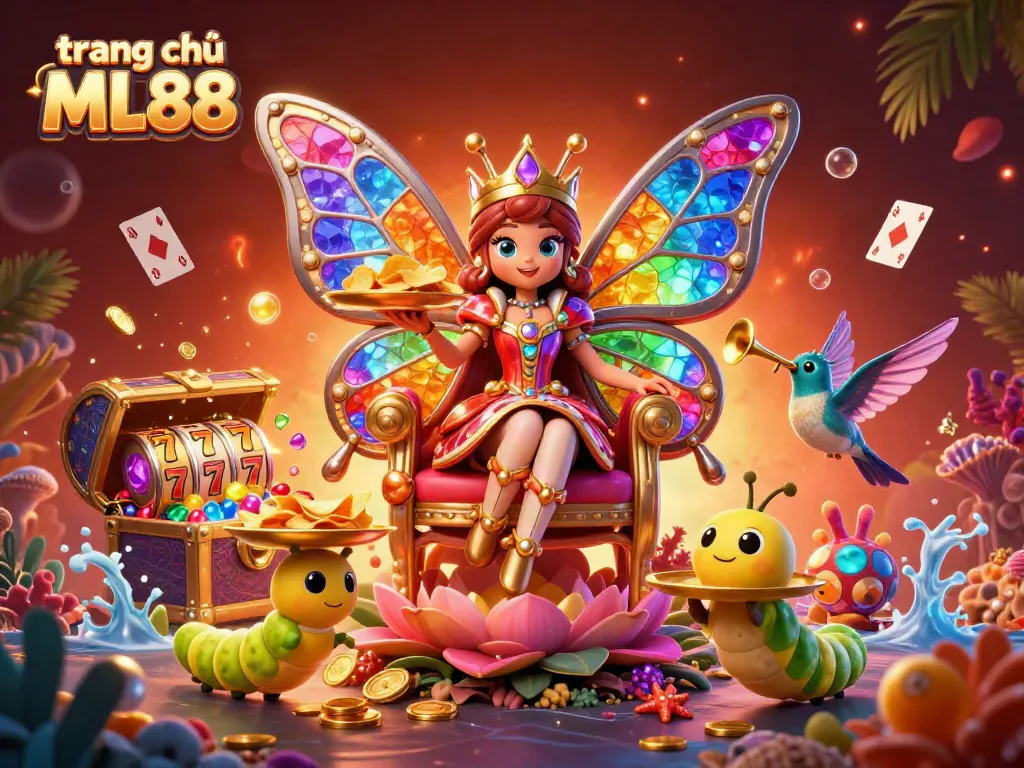 Experience the vibrant excitement of trang chủ ML88 with a whimsical casino scene featuring a butterfly queen, lucky symbols, and treasure!